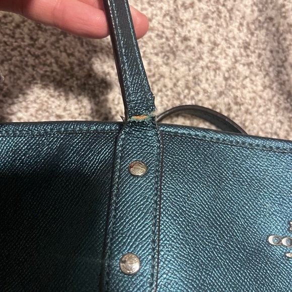 Coach Blue Pebbled Leather Tote Shoulder Bag Silver Logo Classic Everyday Purse - Picture 7 of 14